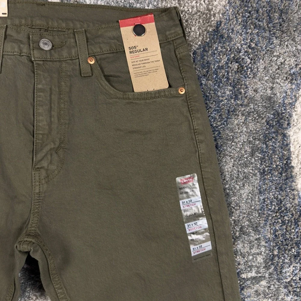 Levis 505 Regular Fit Mens Olive Green Straight Leg Eco Ease Stretch Jeans 31x32